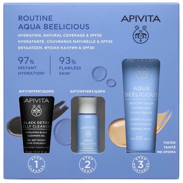 Apivita Aqua Beelicious Healthy Glow Hydrating Fluid Cream Tinted Spf30 40 Ml + Booster 10 Ml + Cleansing Gel 15 Ml
