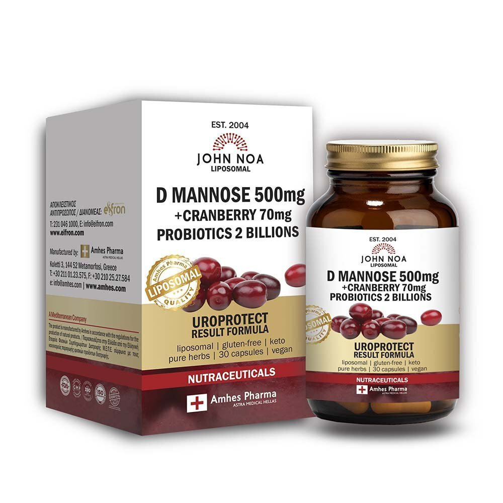 John Noa D-mannose 500 Mg + Cranberry 70 Mg + Probiotics 2 Billions Λιποσωμιακή Φόρμουλα Για Το Ουροποιητικό 30 Κάψουλες