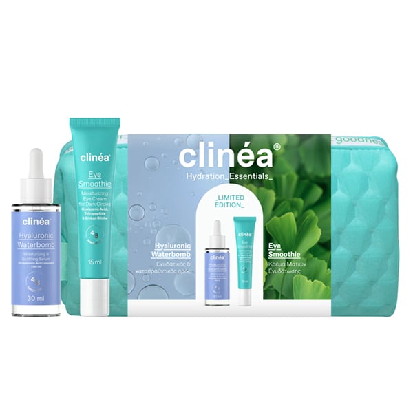 Clinea Limited Edition Gift Set Hydration Essentials Hyaluronic Waterbomb Oρός Προσώπου, 30ml, Smoothie Κρέμα Ματιών, 15ml & Δώρο Νεσεσέρ