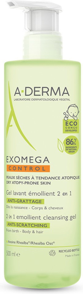 A-Derma Exomega Control Gel 2 in 1 corps et cheveux Cleansing Gel for Dry Atopic Skin 500 ml