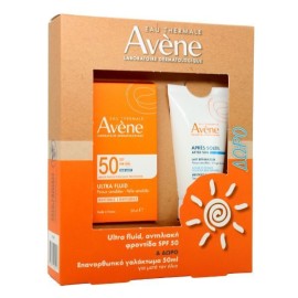 Avene Ultra Fluid Invisible Unscented Face Sunscreen for Sensitive Skin SPF50 50ml + Gift Avene After Sun 50ml