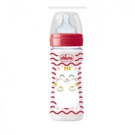Chicco Pop Friends Well-Being Plastic Baby Bottle Red Cat Silicone Nipple 2m+ 250ml