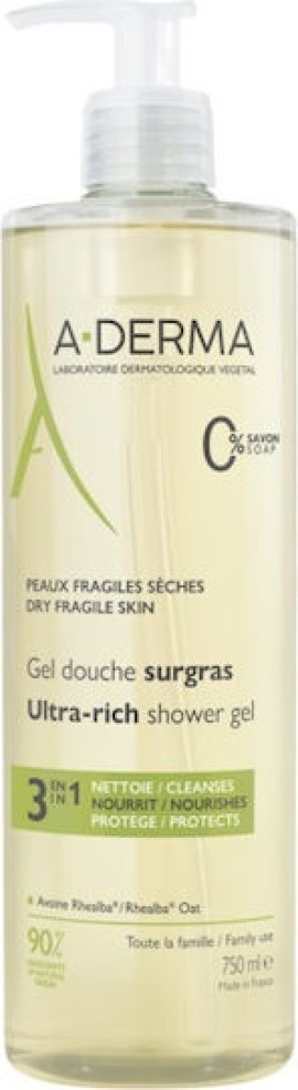 A-Derma Gel Douche Surgras Αφρόλουτρο για Ξηρές Επιδερμίδες 750 ml
