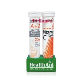 Health Aid A to Z Active Multivitamins, Ginseng & CoQ10 Tutti Frutti 20 eff tabs & Gift Vitamin C 1000 mg 20 eff tabs Orange