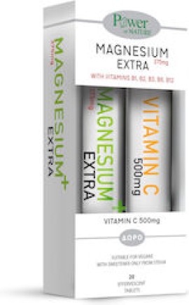 Power of Nature Magnesium Extra 375 mg Γεύση Λεμόνι-Λάιμ 20 αναβράζοντα δισκία + Δώρο Vitamin C 500 mg 20 αναβράζοντα δισκία
