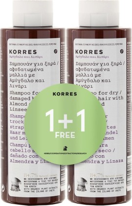 Korres Αμύγδαλο & Λινάρι Σαμπουάν ξηρά μαλλιά 250 ml 1+1 Δώρο